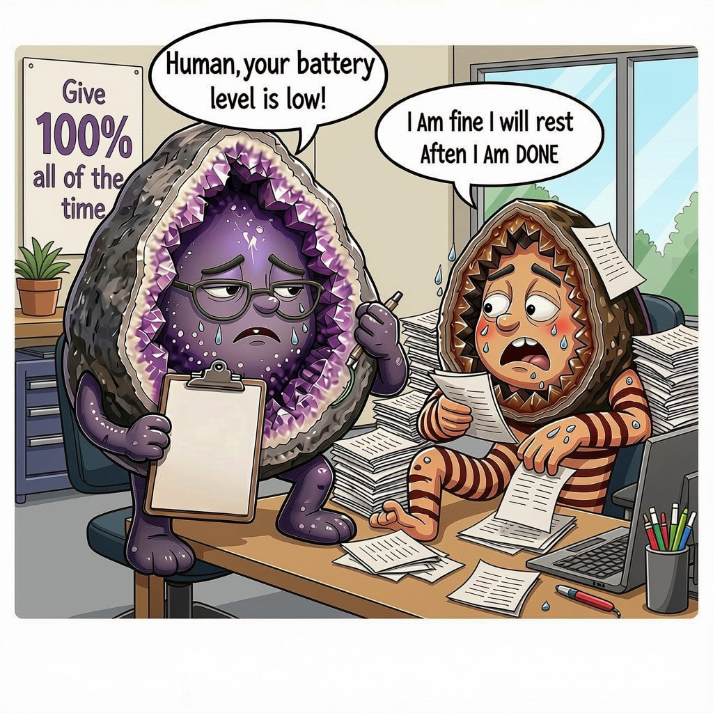 A Geode telling an exhausted human that their battery level is low