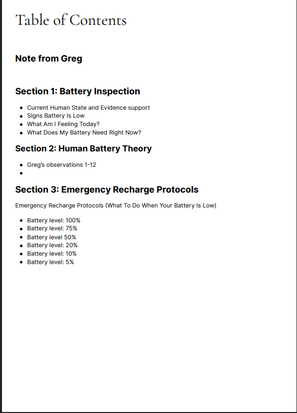 Greg's Human Battery Manual